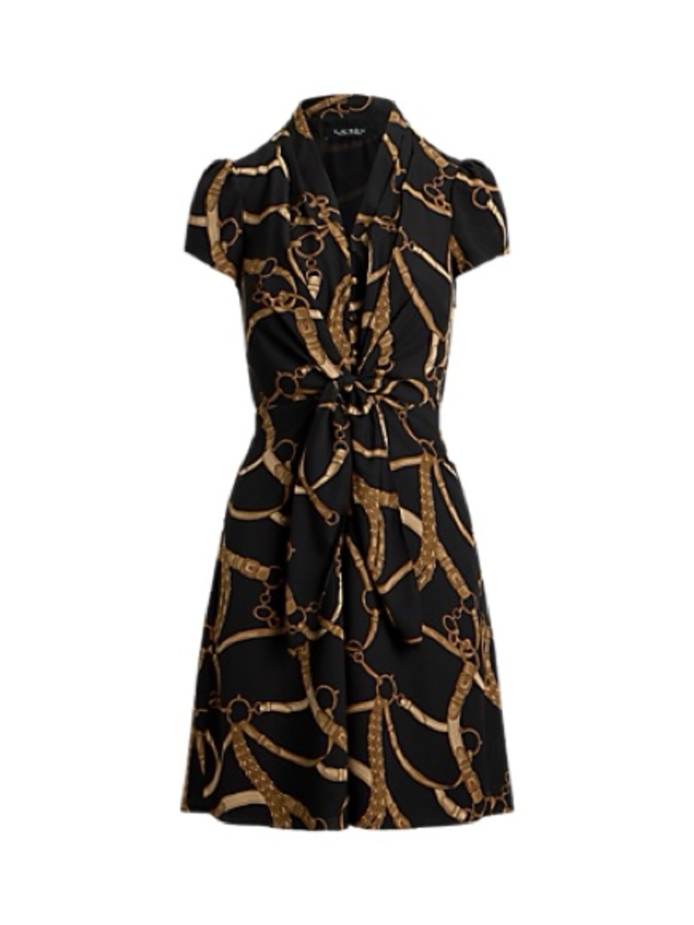 Lauren Ralph Lauren Black Gold Chain Print Faux Wrap Midi Dress Size 12 Mobwife